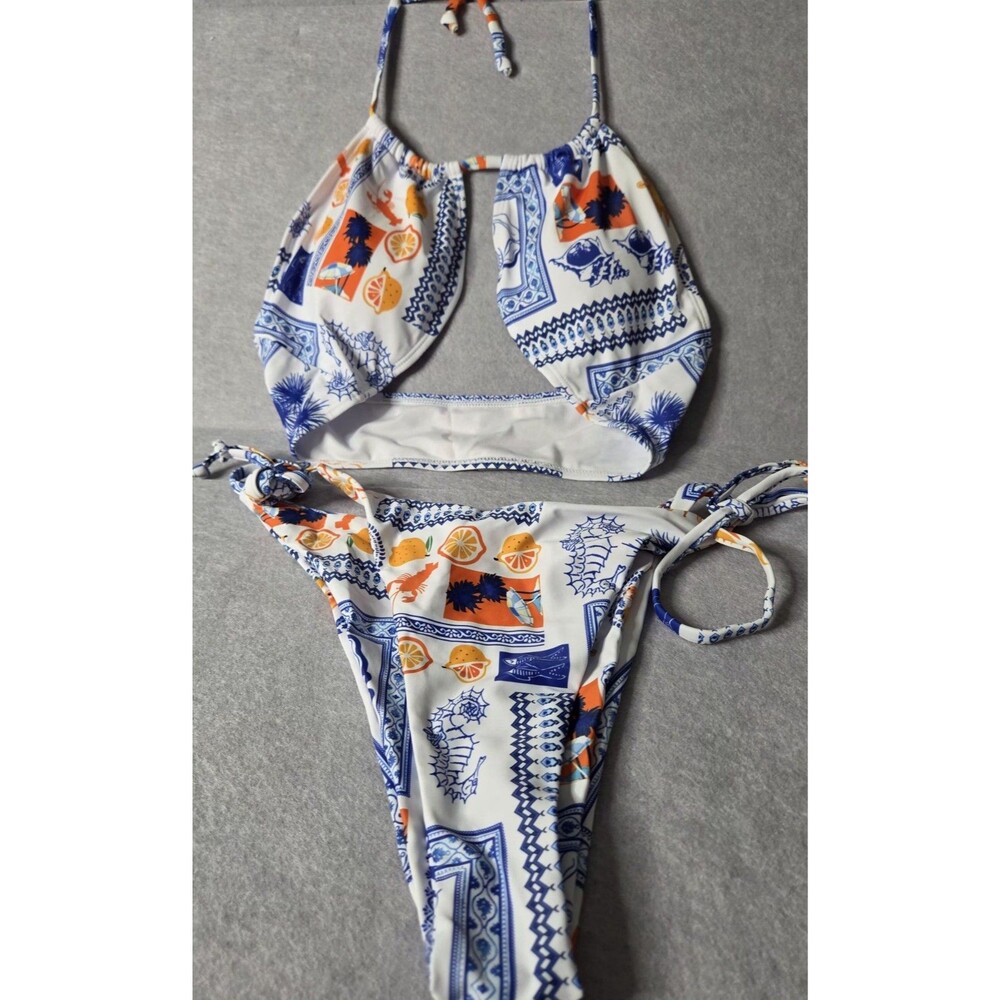 CUPSHE Blue/Orange 2pc NWT Mediterranean Print Sz XL Side Set Beach Swimwear